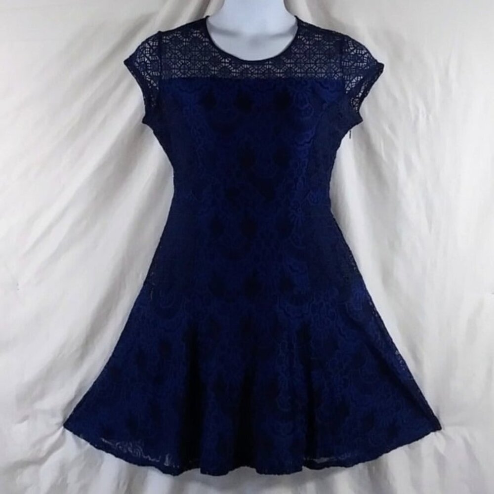 NY Collection Women's Blue Lace Overlay Sleeveless Fit &Flare Mini Dress Size M